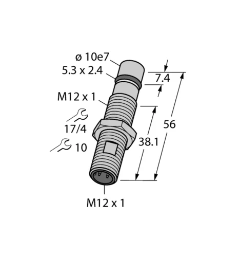 Габаритный чертёж индуктивного датчика TURCK BID1.5 с резьбой M12x1 и разъёмом M12x1, длина 56 мм